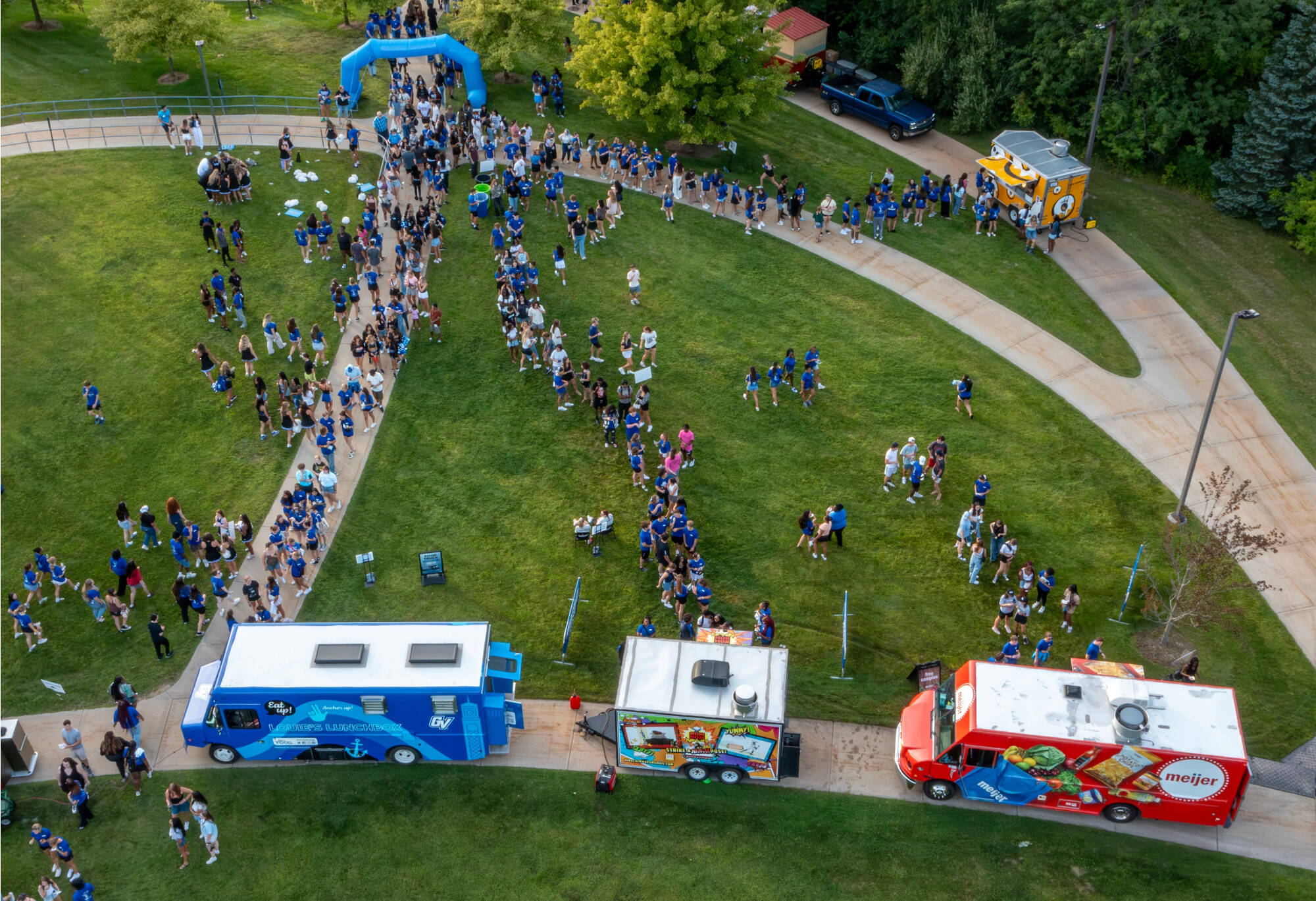 aerial view of the food trucks on the Kirkhof Lawn during Laker Kickoff